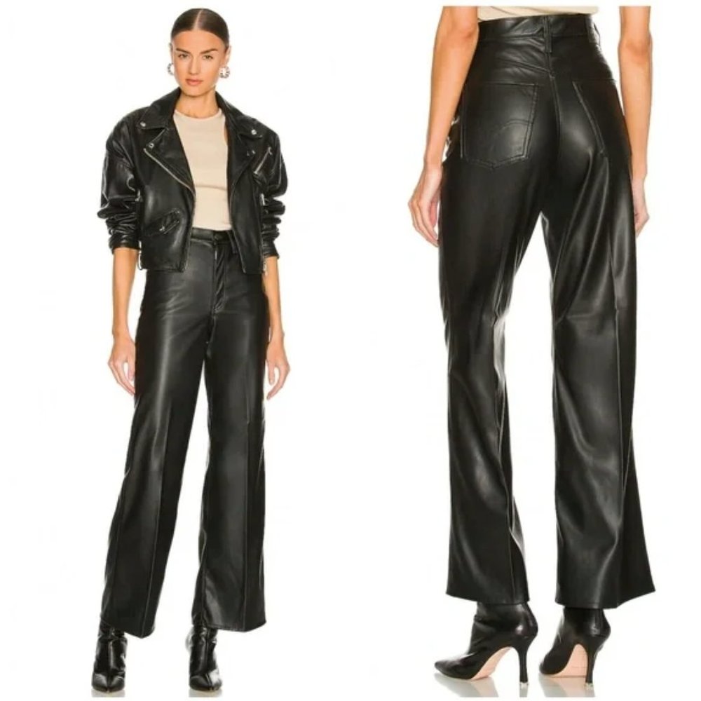 Levis Womens Size 32 70s High Rise Flare Faux Leather Black Wide Leg Jeans